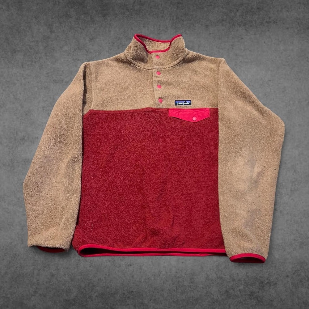 Patagonia Synchilla Fleece Snap-T Pullover Jacket Mens Small Tan Red Colorblock